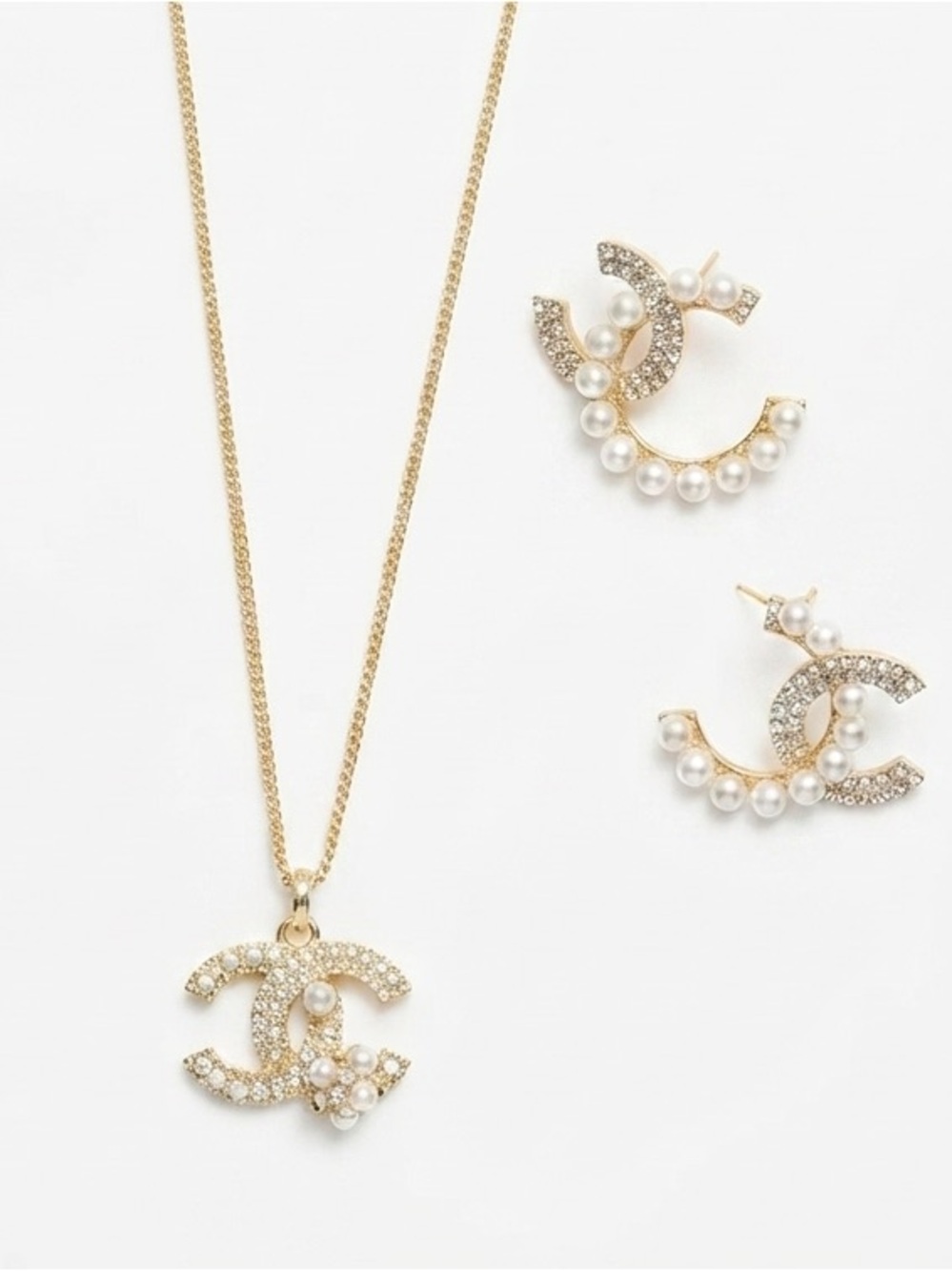 Gold Pearl & Crystal Lettered C Pendant Necklace and Earrings Set